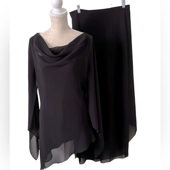 Jeffrey & Sara Evening By Tom Barra 2-Pc Black Sheer Wide Leg Skirt /Top Overlay - Picture 2 of 13